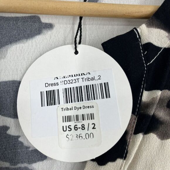 Alembika Dress Size 2 6-8 Black White Tribal Print 3/4 Sleeve V Neck Midi Shift - Picture 5 of 11